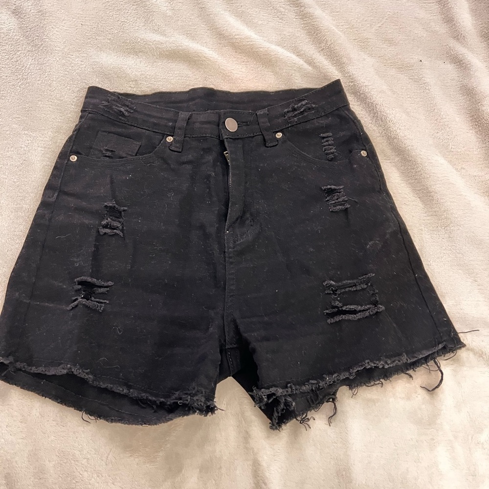 Distressed Black Denim Shorts
